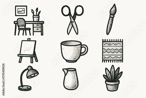 Icon scissors lamp atelier plant vector icons studio cup home paintbrush pot