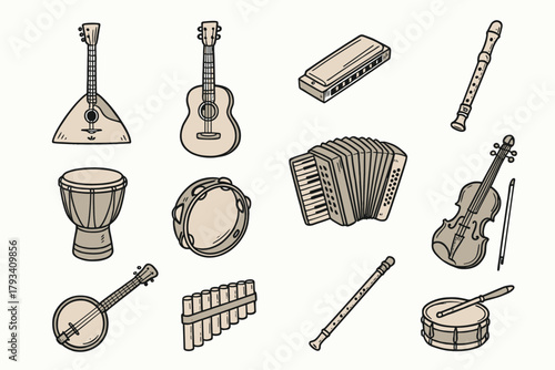 Tambourine drum folk instrument icons music vector guitar icon flute instruments violin
