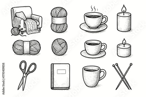 Vector craft knitting folded needles relaxed yarn home cup candle icon icons