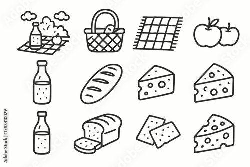 Vector lemonade apples cheese wicker slices set picnic bottle icon blanket basket
