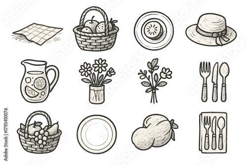 Setup fruit flowers icon cutlery vector icons picnic set jug basket cozy
