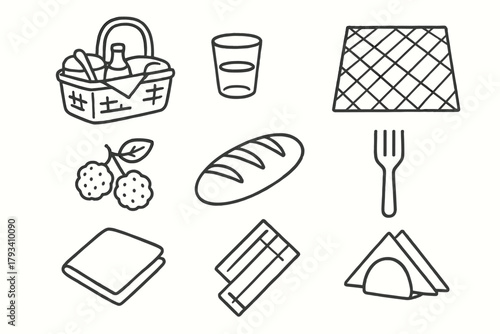 Picnic icon minimal glass blanket bread vector icons fork napkin cup holder