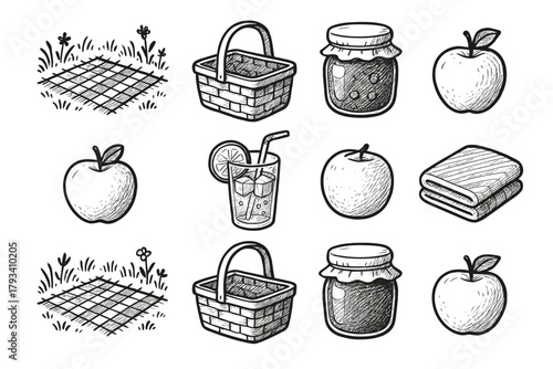 Glass meadow picnic summer folded lemonade set blanket icon basket vector apple