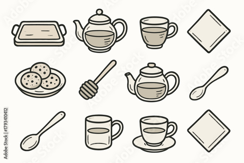Vector icon spoon icons setup napkin glass tray cookie plate tea teapot