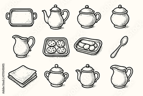 Cookie vector icon serving teaspoon cloth vintage tea linen jug tray porcelain