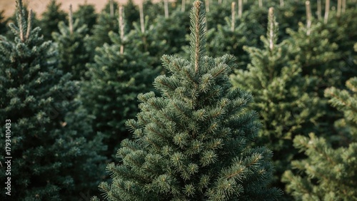 Evergreen Christmas Tree among other pine trees in a nursery or forest