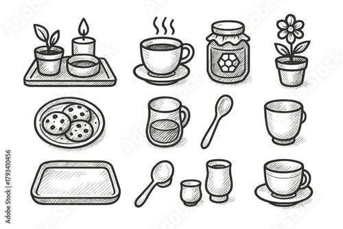 Cup flower vector spoon icons icon tray honey plate relaxation tea setup