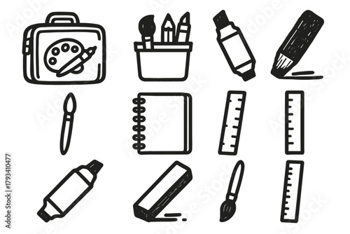 Paintbrush art icon stick notebook creative materials pen marker ruler kit icons