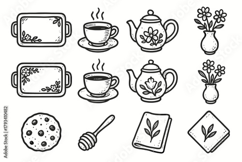 Saucer cup icon tea vase tray floral napkin spoon teapot service vector