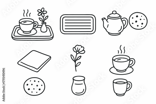 Cup cookie pot icons simple moment relaxing tea stem tray icon vector