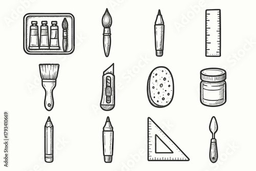 Kit ruler brush icon art sponge pot artist icons knife vector pen
