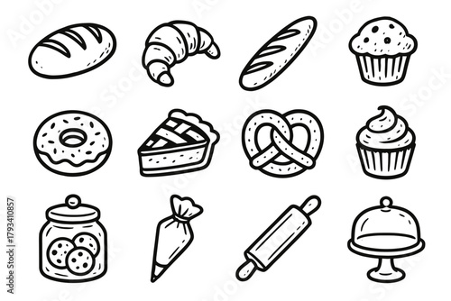 Loaf vector rolling donut cookie bakery croissant pin bag icon cupcake set