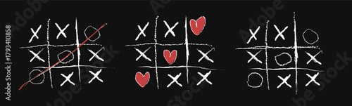 Collection of drawn grids with crosses and noughts.Tic-Tac-Toe Variations on a Chalkboardai