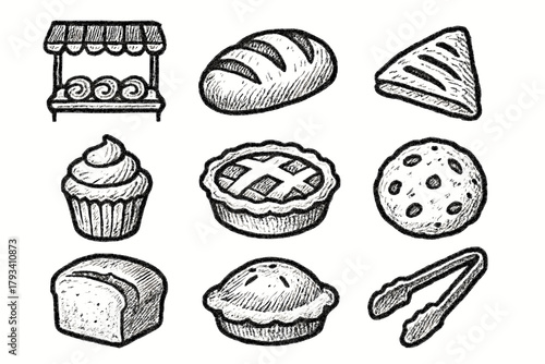 Bakery icon bread morning vector pastries set tongs pastry pie loaf cookie