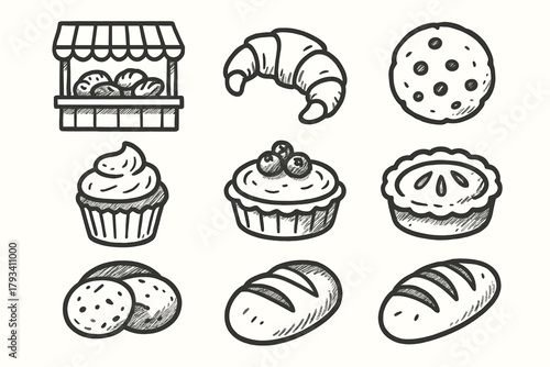 Cookie cupcake collection vector croissant bakery shop tart display icon pie cozy