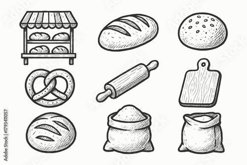 Bakery flour cutting bag set icon pin rolling setup bread vector pretzel