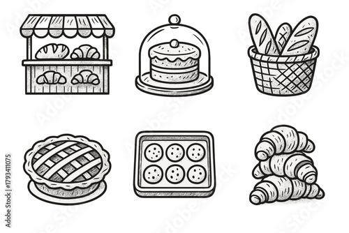 Cookie bakery set vector basket plate display dome tray glass counter icon