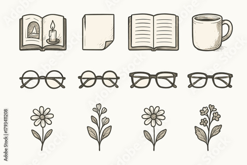 Icon pressed folded glasses icons flower reading journal cozy vector mood