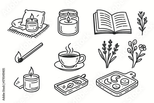 Candle cozy book icon collection wax vector setup tray dried matchstick