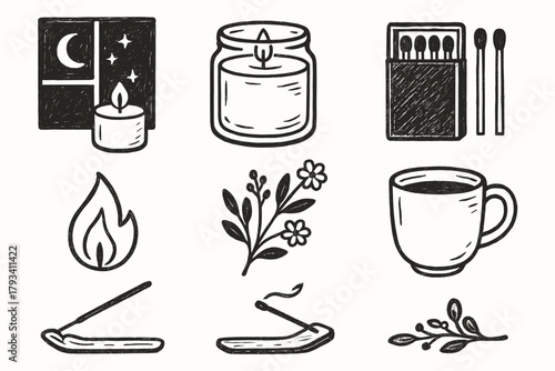 Sprig candle icon jar icons glass flower tea mood mug corner vector