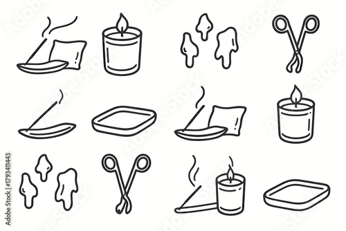 Icon relaxation ceramic candle wax incense wick tray vector icons stick trimmer