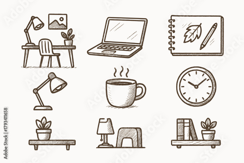 Clock laptop lamp icons setup corner sketchbook creative shelf icon cozy vector