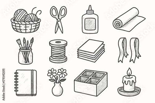 Organizer supplies basket paper roll ribbons icon spool fabric stack craft icons