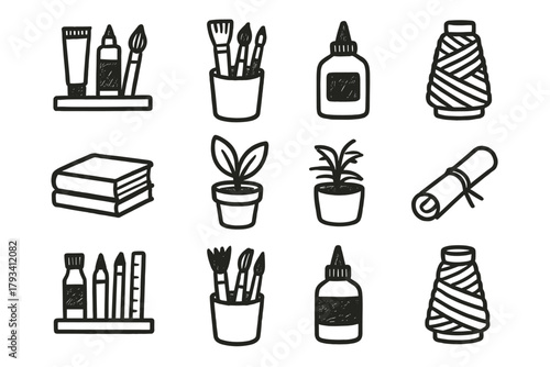 Icon pot glue supplies craft bottle yarn cone plant icons holder vector