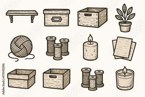 Icon craft icons candle storage shelf boxes sheets plant vector thread artistic