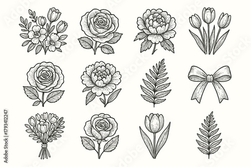 Romantic vector fern roses icon peonies leaves icons bouquet tulips tied floral