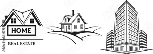 Black and White Real Estate Icons House Logo and Skyscraper Building home