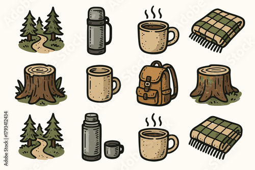 Icons cozy trail mug stump thermos tree backpack vector mood walk icon