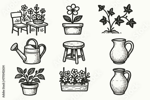 Patio icon garden watering floral pot jug small plant stool vector setting
