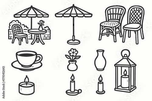 Rattan parasol icons table vector chair vase terrace patio icon garden essentials
