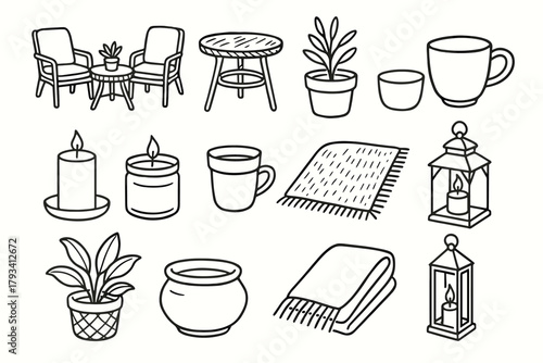 Icon patio garden icons minimalist lantern vector cup table pot decor rug