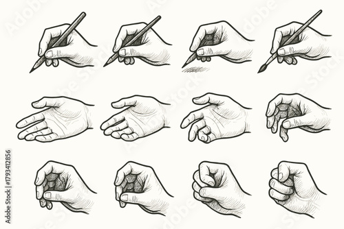 Drawing icon fingers hand vector brush gesture studies pose sketch shading
