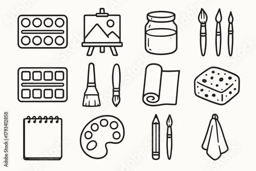 Desk jar art home icon towel painting brushes paper essentials watercolor vector