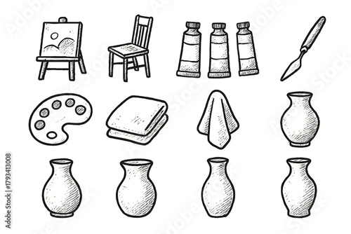 Artist art paint tubes vase vector towel knife icon studio essentials palette