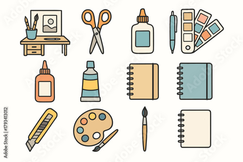 Scissors brush art craft notebook station vector essentials studio icon color glue