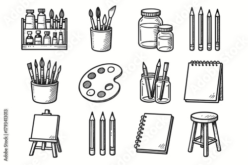 Holder icons jars icon brush vector studio sketchpad supplies stool art organized