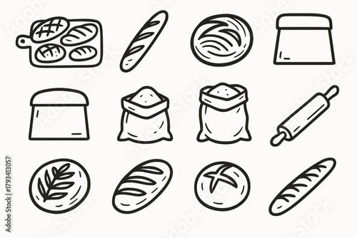 Icons scraper flour dough bakery artisan pin bag vector rolling icon collection
