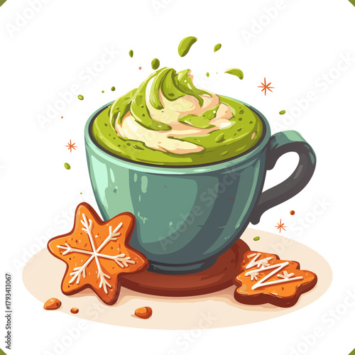 Vector illustration of a warm green matcha latte with whipped cream and ginger cookies, isolated on a white background. Vector illustration of winter beverage