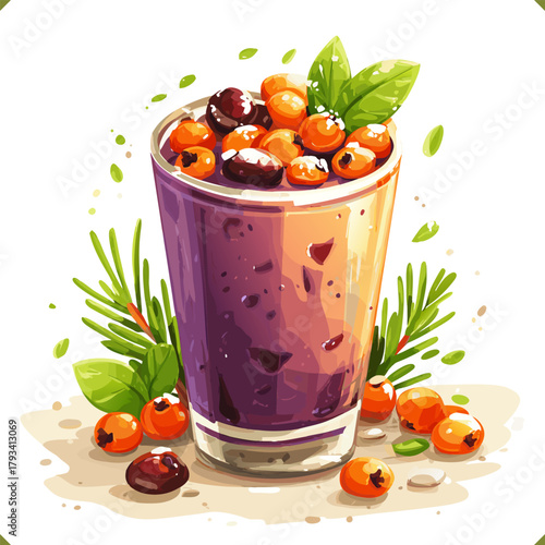 Vector illustration of a tall glass of berry smoothie with cream, blueberries, cranberries, and leaves, isolated on a white background. Vector illustration of cold fruit beverage on white background