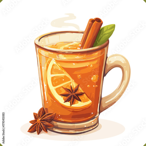 Vector illustration of a tall glass of mulled orange drink with cinnamon stick, star anise and slice of citrus, isolated on a white background. Vector illustration of winter beverage