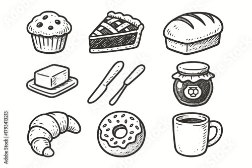 Jar vector set bakery mug pastries butter slice loaf pie icon knife