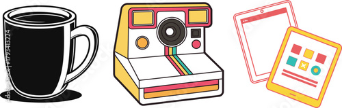 Coffee Mug Retro Camera and Tablet Icons drink