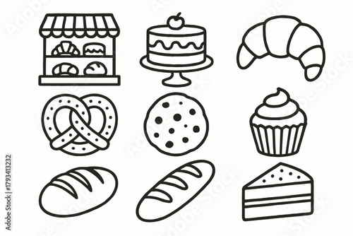 Icon stand bakery arrangement pretzel display set croissant cookie cake vector cupcake