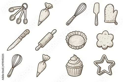 Piping cookie collection cutter tool icon bakery spoon cupcake measuring icons vector