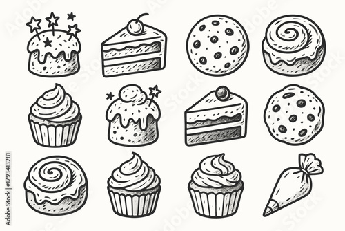 Icon icing festive bag collection cake roll cinnamon bakery pastries vector cupcake