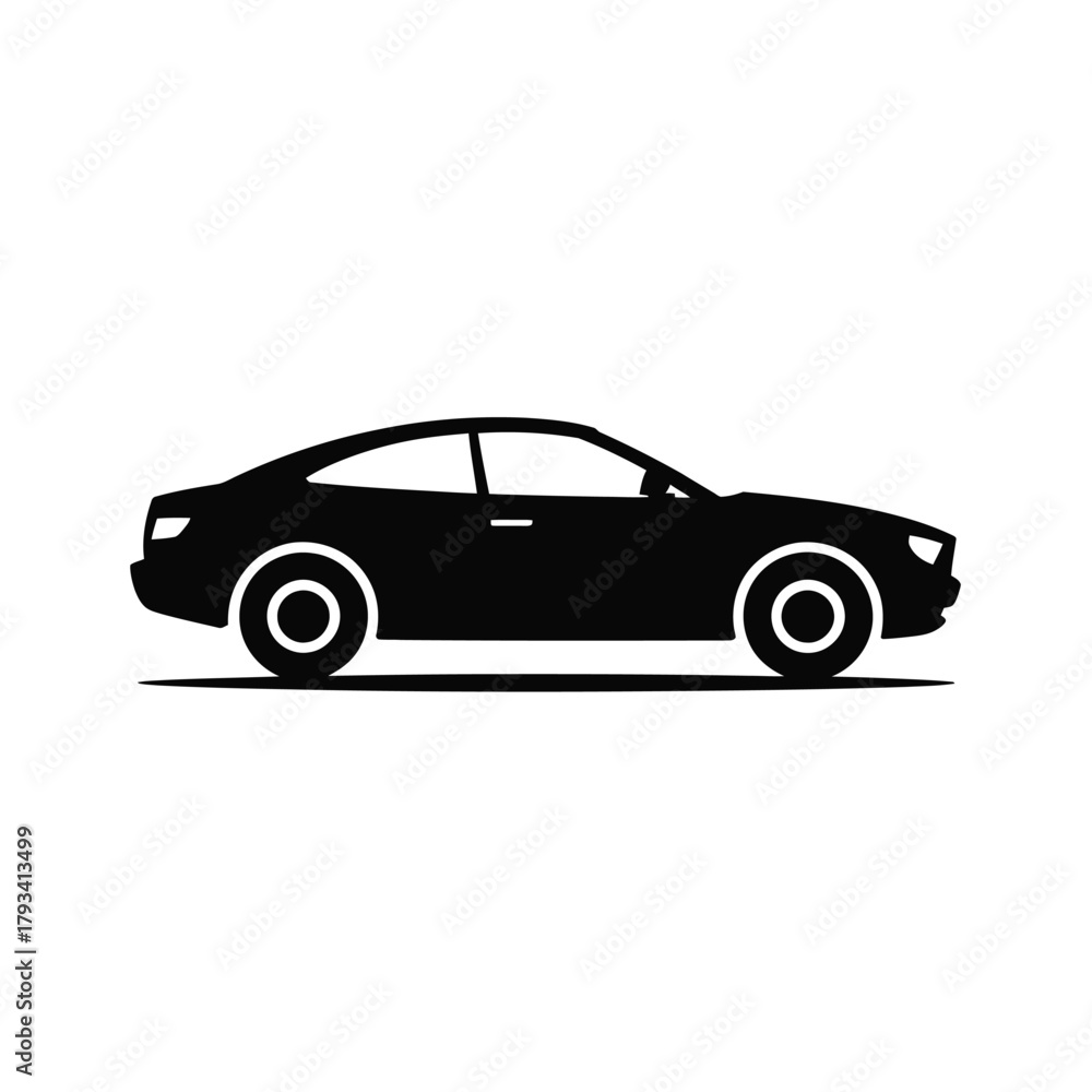Fototapeta premium A black silhouette of a modern car is shown against a white background.